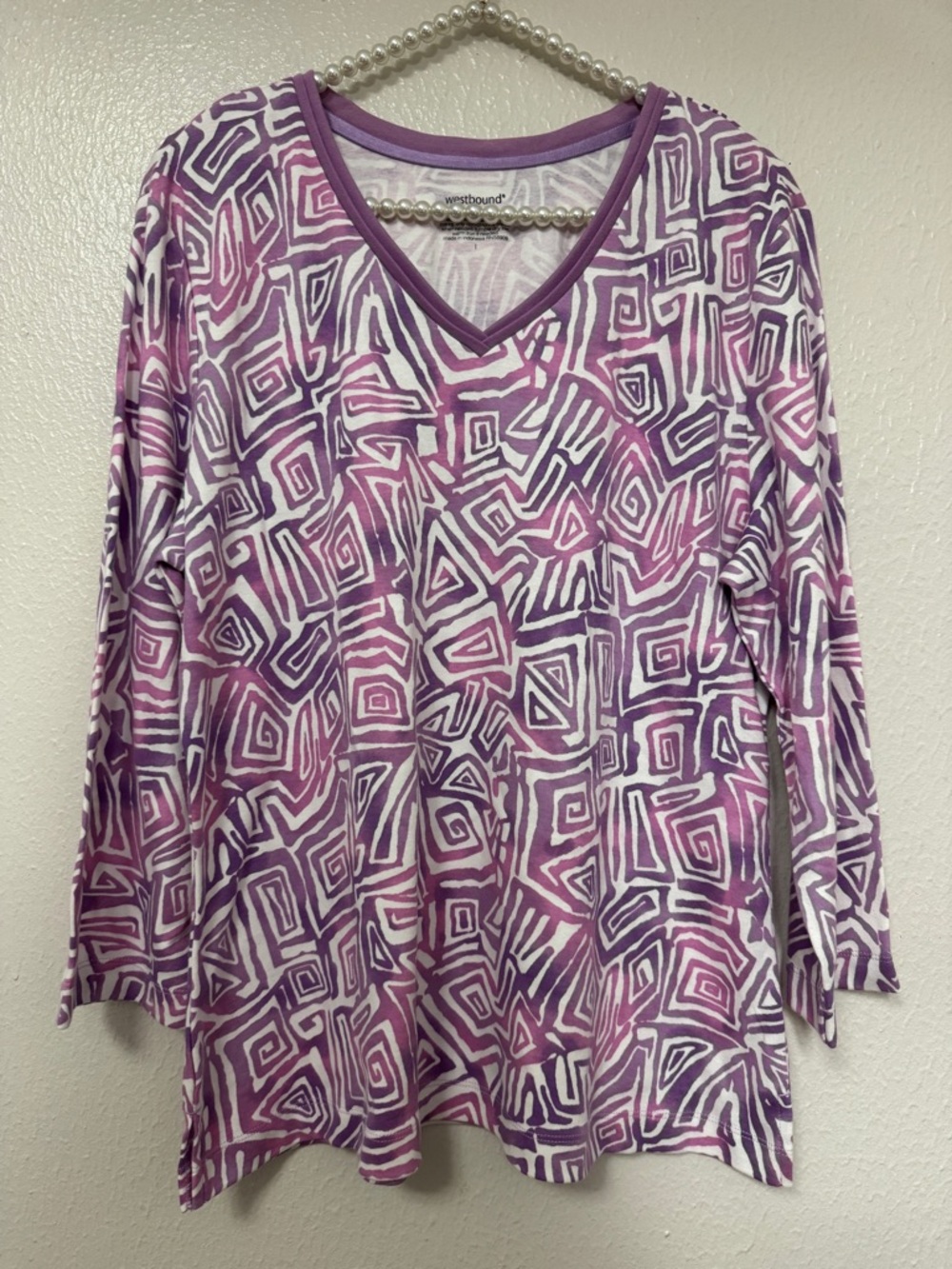 Westbound Purple & White Geometric V-Neck Long Sleeve Top
